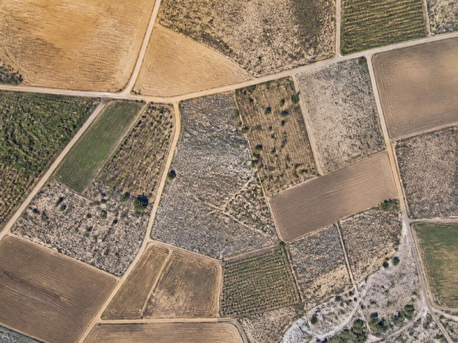Fotografía aérea cenital de parcelas de tierra con geometría poligonal